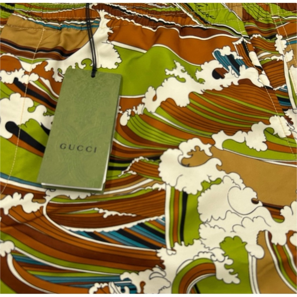 Gucci Green & Brown Wave-Print Swim Board Shorts size 54/XL made in Italy - Picture 6 of 6